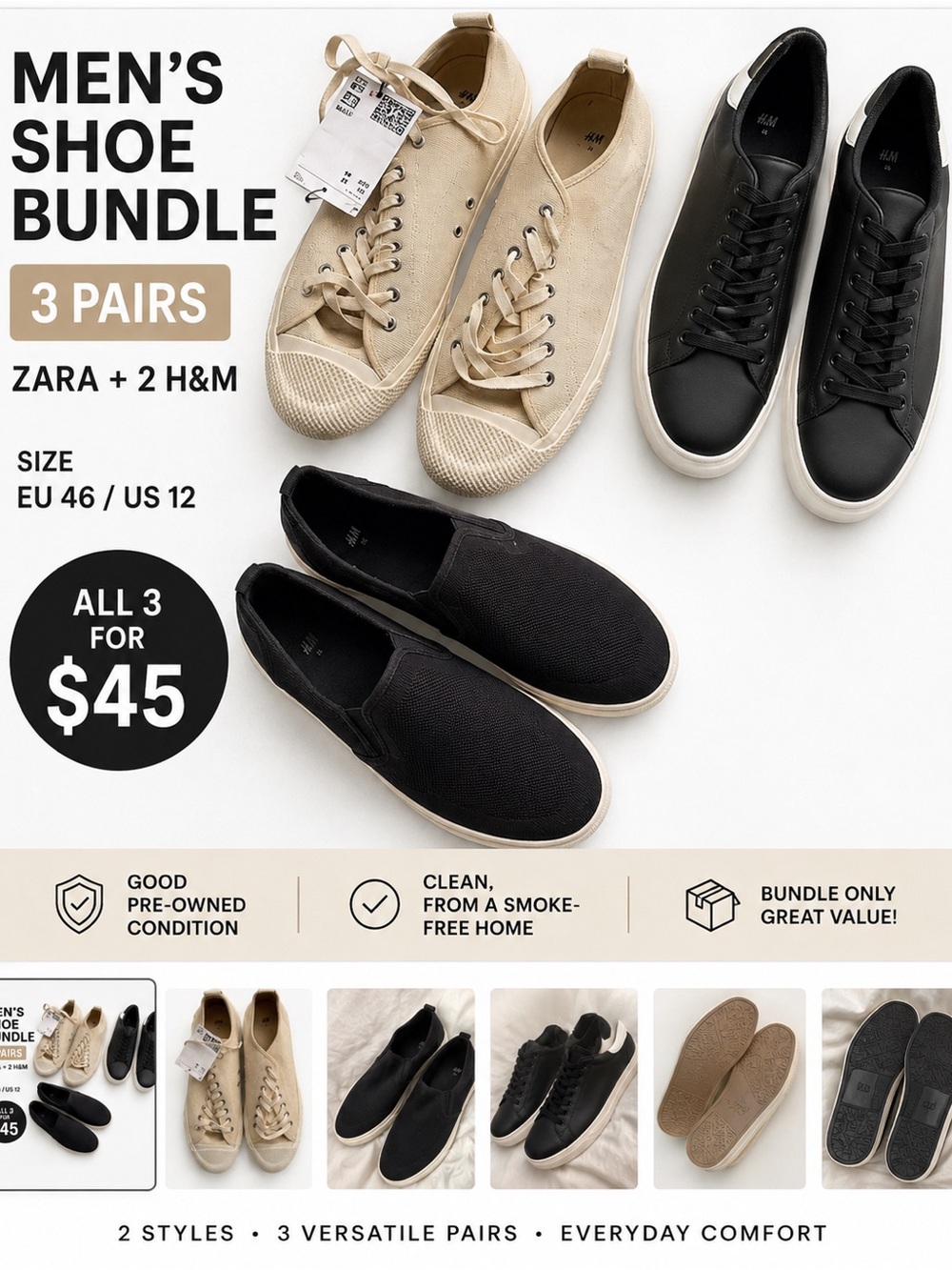 Men’s Shoe Bundle – Zara + 2 H&M Pairs | EU 46 / US 12 | 3 Pairs